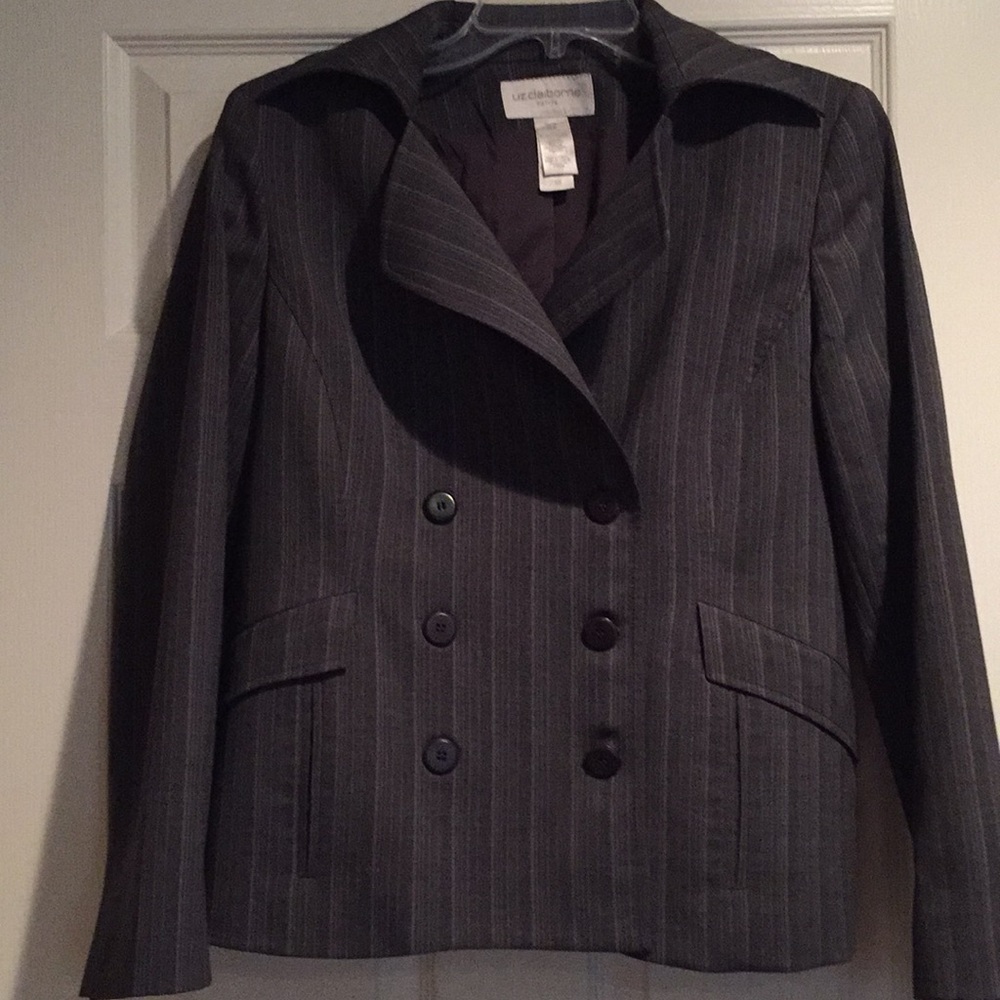 Liz Claiborne grey jacket light pink pinstripes
